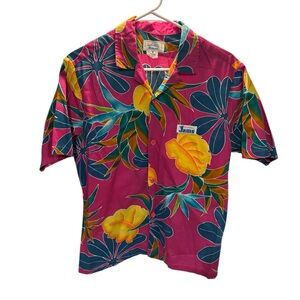 Vintage 1980s Original Jams Pink Hawaiian Button Down Shirt Surf Line Size Small